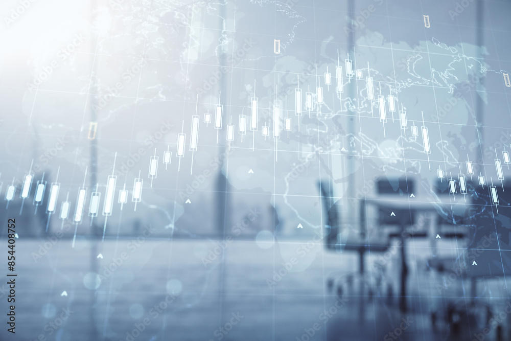 Poster multi exposure of virtual abstract financial chart hologram and world map on a modern meeting room b