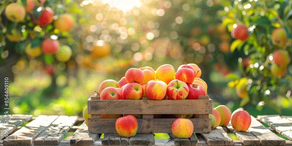 Wall mural a crate full of apples sits on a wooden table. generate ai image - Wall murals