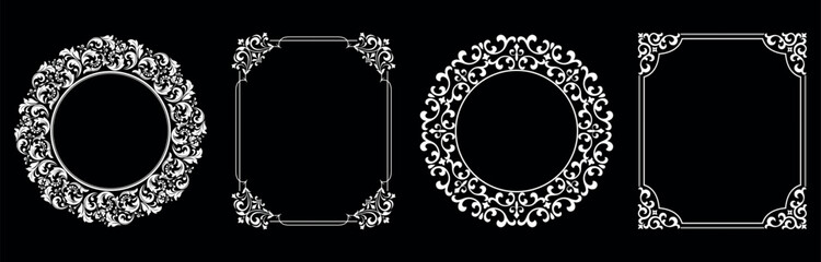 Set of decorative frames Elegant vector element for design in Eastern style, place for text. Floral black and white borders. Lace illustration for invitations and greeting cards.