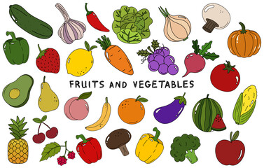 fruits and vegetables elements set illustrations. Hand draw line. Veggies, Vegetarian, Gardening. isolated on transparent background.