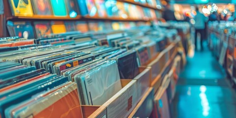 Blurred image of a record store with a person in the background.