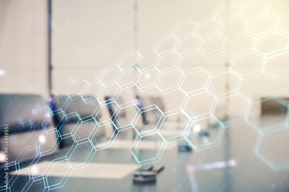 Aufkleber abstract virtual technology sketch with hexagon grid on a modern boardroom background, future techno
