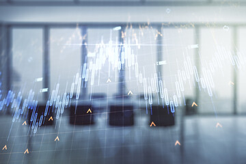 Double exposure of abstract creative financial diagram and world map on a modern boardroom background, banking and accounting concept