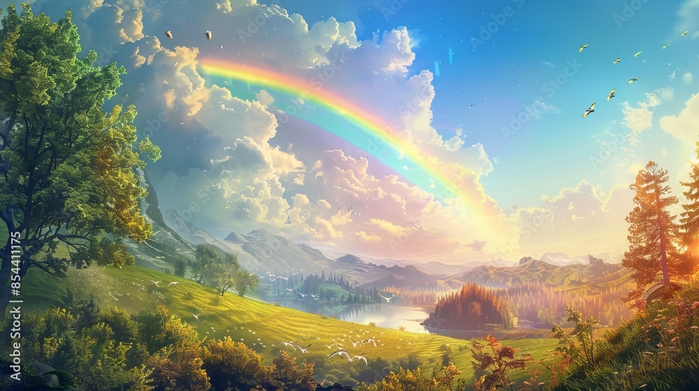 Wall mural  vibrant rainbow arches across a blue sky with fluffy clouds. Green hills, a lake reflecting the rainbow, sunlight, and distant birds evoke natural beauty and wonder.