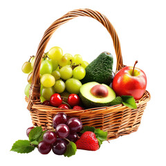 a wicker basket filled with strawberries, green grapes, red grapes, cherries, and avocado with a leaf on a white background, perfect for fresh and colorful food designs.