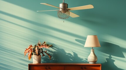 Light shadow of a ceiling fan on a cream wall with a solid turquoise background