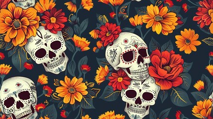Generate a seamless pattern of Mexican sugar skulls and marigolds