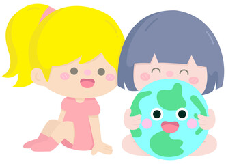 Cute girls happy earth day in Children Style Cartoon illustration