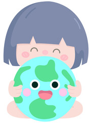 Cute girl happy earth day in Children Style Cartoon illustration