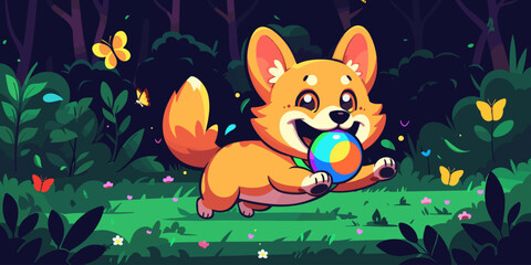 Cute cartoon corgi puppy with a ball in a whimsical forest setting, playful and happy pet illustration, fantasy theme