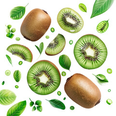 Fototapeta premium Close-up of a real kiwi and a kiwi slice on a white background, perfect for fresh and healthy food designs.