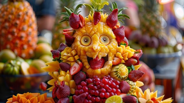 A display of creative fruit art crafted by local artists captures the attention of passersby at the festival.