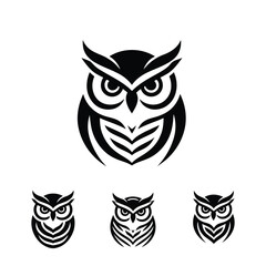 Vector owl face logo silhouette illustration in diffarent pose on white background.
