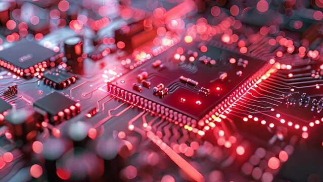 A close up of a computer circuit board with red lights.