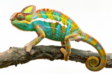 Obraz premium Colorchanging chameleon perched on a lush branch in a serene white background, blending beauty with nature's camouflage