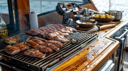 A makeshift grill is set up on the deck ready to cook up the days catch to perfection.