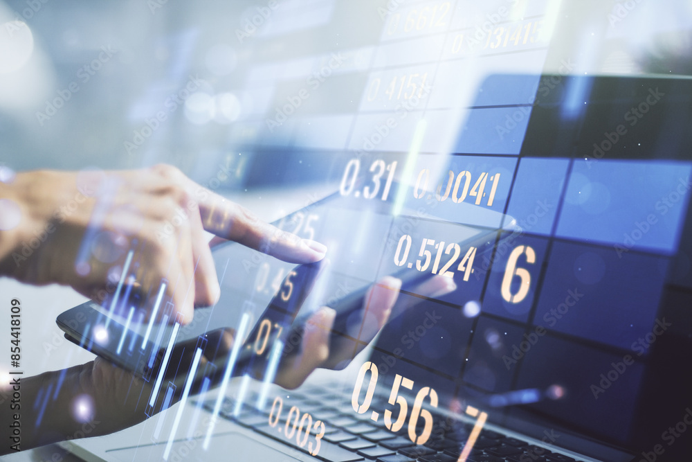 Poster multi exposure of abstract financial diagram and hand working with a digital tablet on background, b