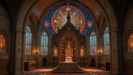 Fototapeta premium Gothic Church Interior with Stained Glass Windows.