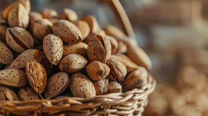 Close up of fresh organic almonds in shells with wicker basket selective focus for ad space