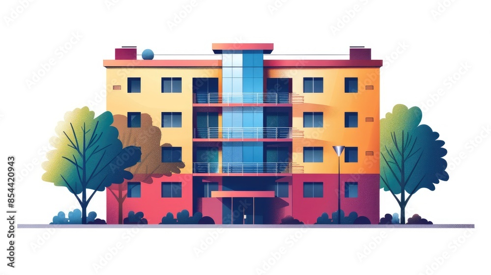 Sticker A vibrant illustration showcasing a three story apartment building in a sleek flat style set against a clean white background