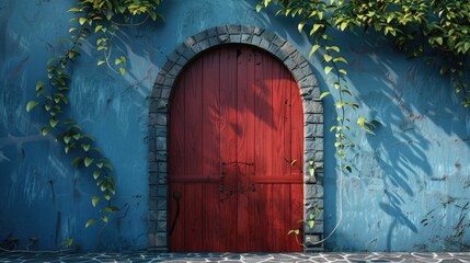 A rustic arched red door framed by stone, set in a blue wall with creeping ivy and dappled sunlight.