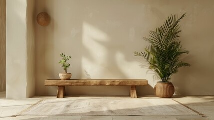 A minimalist interior with a natural wood bench, plants, and a wall art piece in soft, neutral tones.