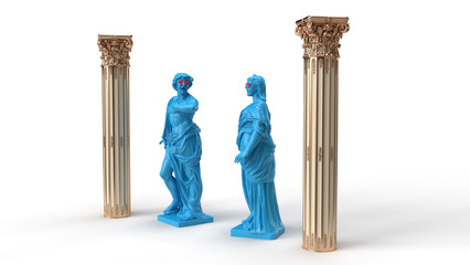 3d render antique sculptures in modern style between golden columns