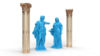 3d render antique sculptures  between golden columns