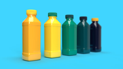 3d render colored bottles in on the blue bacground
