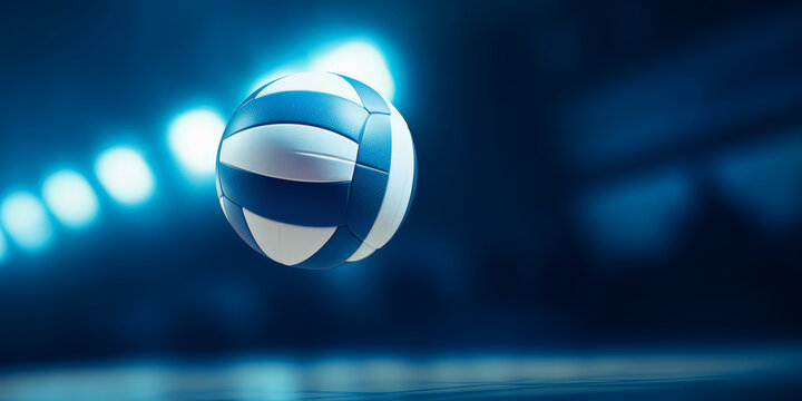 Flying Volleyball Ball with  Shiny Spotlights in a gym court Bcackground., a sport equipment , sport ,