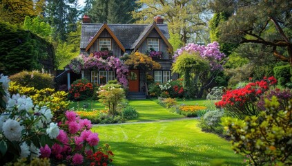 Fototapeta premium A house with a large garden in front of it. Generate AI image