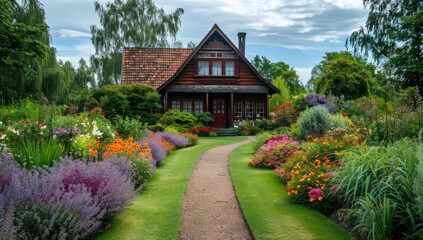 A house with a large garden in front of it. Generate AI image