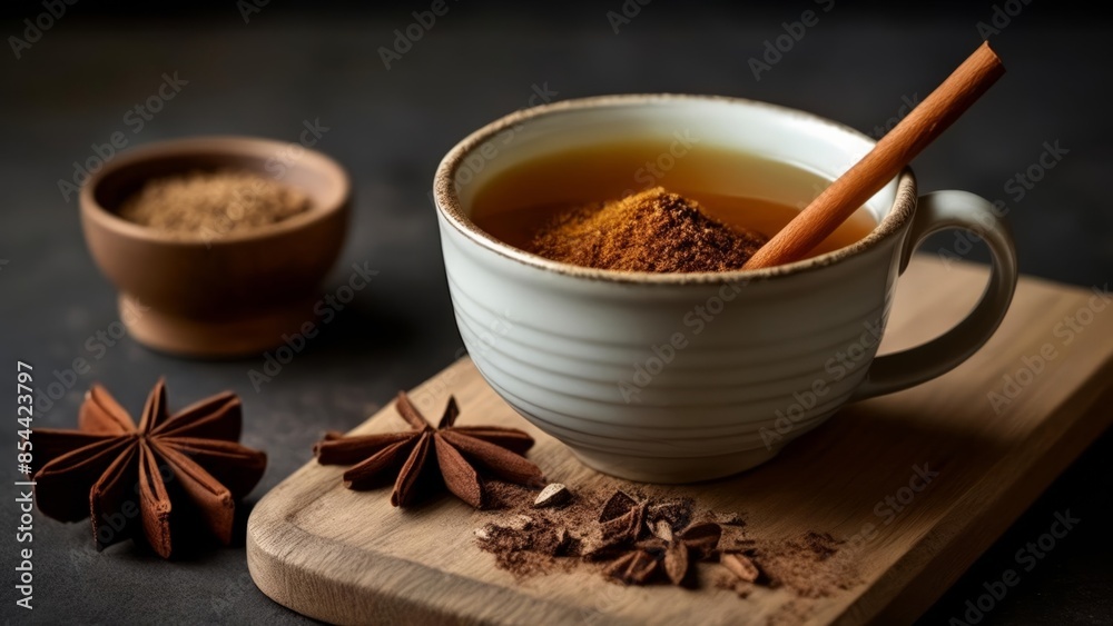 Poster  Warm and cozy  A cup of spiced tea with cinnamon and star anise