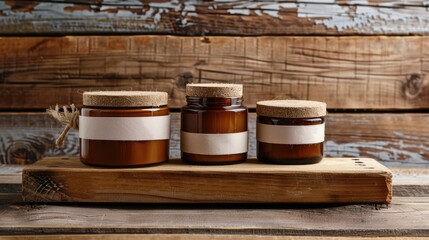 Cosmetic containers on wooden surface spa kit with blank label for branding mock up on vintage wooden background