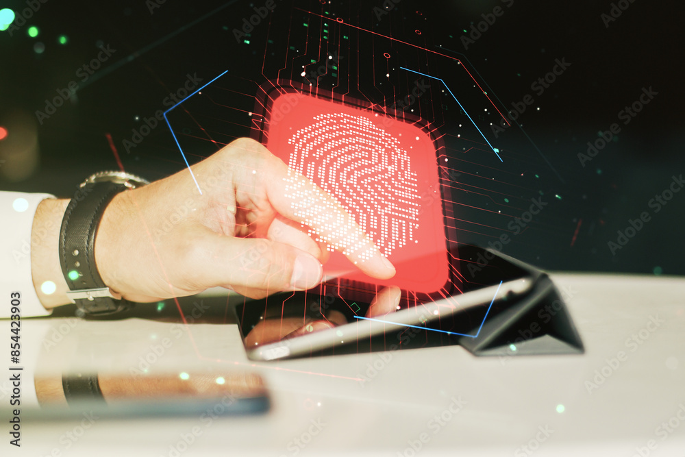 Aufkleber double exposure of abstract creative fingerprint hologram with finger clicks on a digital tablet on 