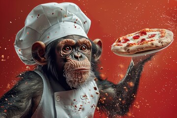 Chimpanzee Chef Tossing Pizza in Mid-Air Dressed in Full Chef Outfit Against Red Background