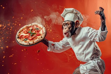 Chimpanzee Chef Masterfully Prepares Delicious Pizza in a Vibrant, Red Kitchen