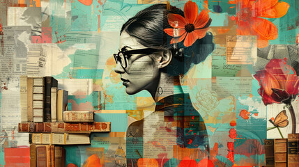 Creative Literary Collage with Woman, Books, Butterfly, and Flowers in Vibrant Artistic Background