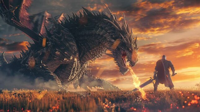 Epic battle between a huge dragon and a brave knight on a burning grassland.
 Seamless looping 4k time-lapse virtual video animation background. Generated AI