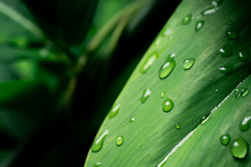 Raindrops on fresh green leaves on a black background. Macro shot of water droplets on leaves. Waterdrop on green leaf after a rain.
