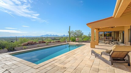 Fototapeta premium Villa with desert views. Beautiful view on realistic sand dunes. Made with generative ai