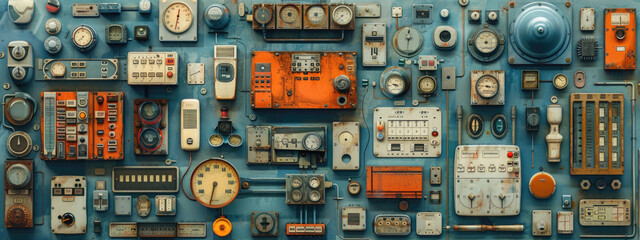 Vintage Industrial Control Panels and Gauges on Blue Wall - Retro Technology Collection