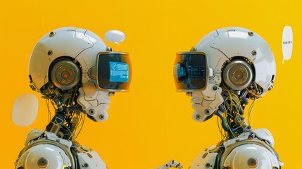Futuristic humanoid robots facing each other against vibrant yellow background showcasing technology