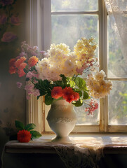 beautiful bouquet in white vase in sunlight.