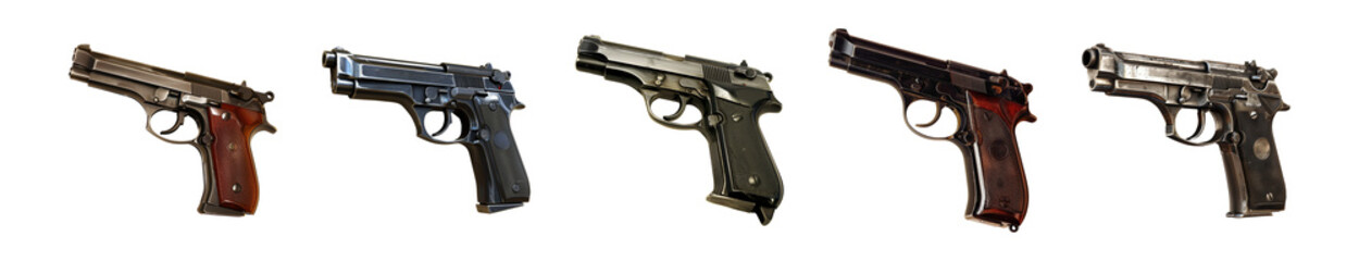 collection of pistols or handguns isolated on a transparent background, cut out, PNG