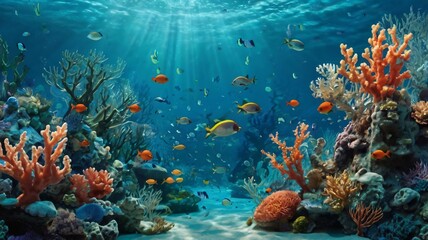 Underwater scene with vibrant coral reef and colorful fish swimming in clear blue water