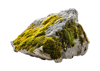 Weathered grey rock with moss, isolated on white background, perfect for rustic designs.