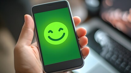 Close-up of a hand holding a smartphone with a bright green smiley face emoji on the screen.