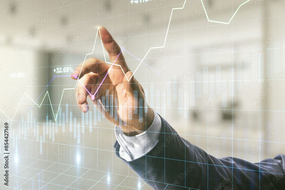 Poster multi exposure of man hand with pen working with abstract virtual financial graph on blurred office 