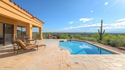 Fototapeta premium Villa with desert views. Beautiful view on realistic sand dunes. Made with generative ai